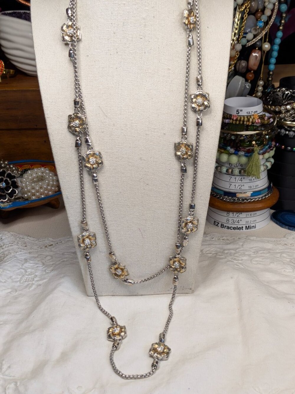 Vintage 60″ Rhinestone Flower Link Necklace – Silver Tone Opera Length